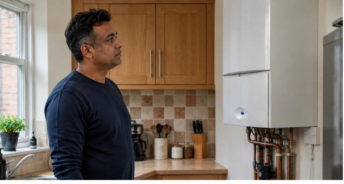 Duty holder looking at a wall-mounted combi boiler in an ordinary kitchen