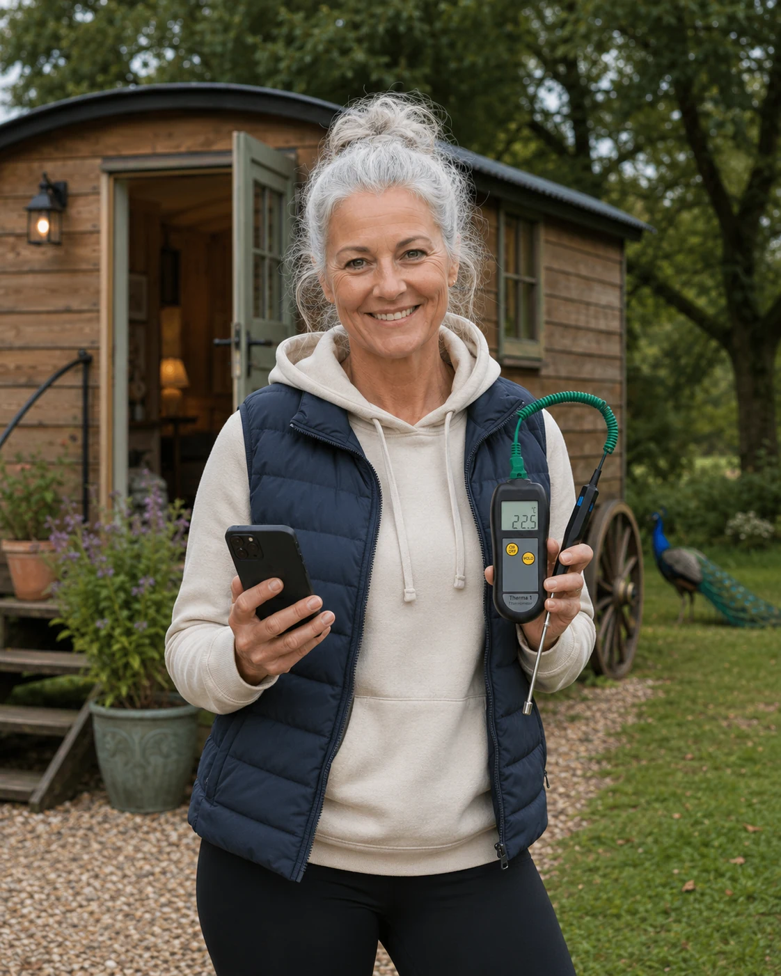 Holiday-let host outside a shepherd's hut, phone in one hand and a thermometer probe in the other, checking water temperatures